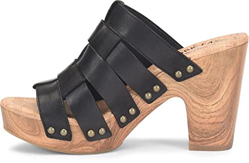 KORK-EASE Devan Women's Heeled Sandal - Antiqued Rivets & Woodgrain Heel | Hand-Burnished Woven Leather